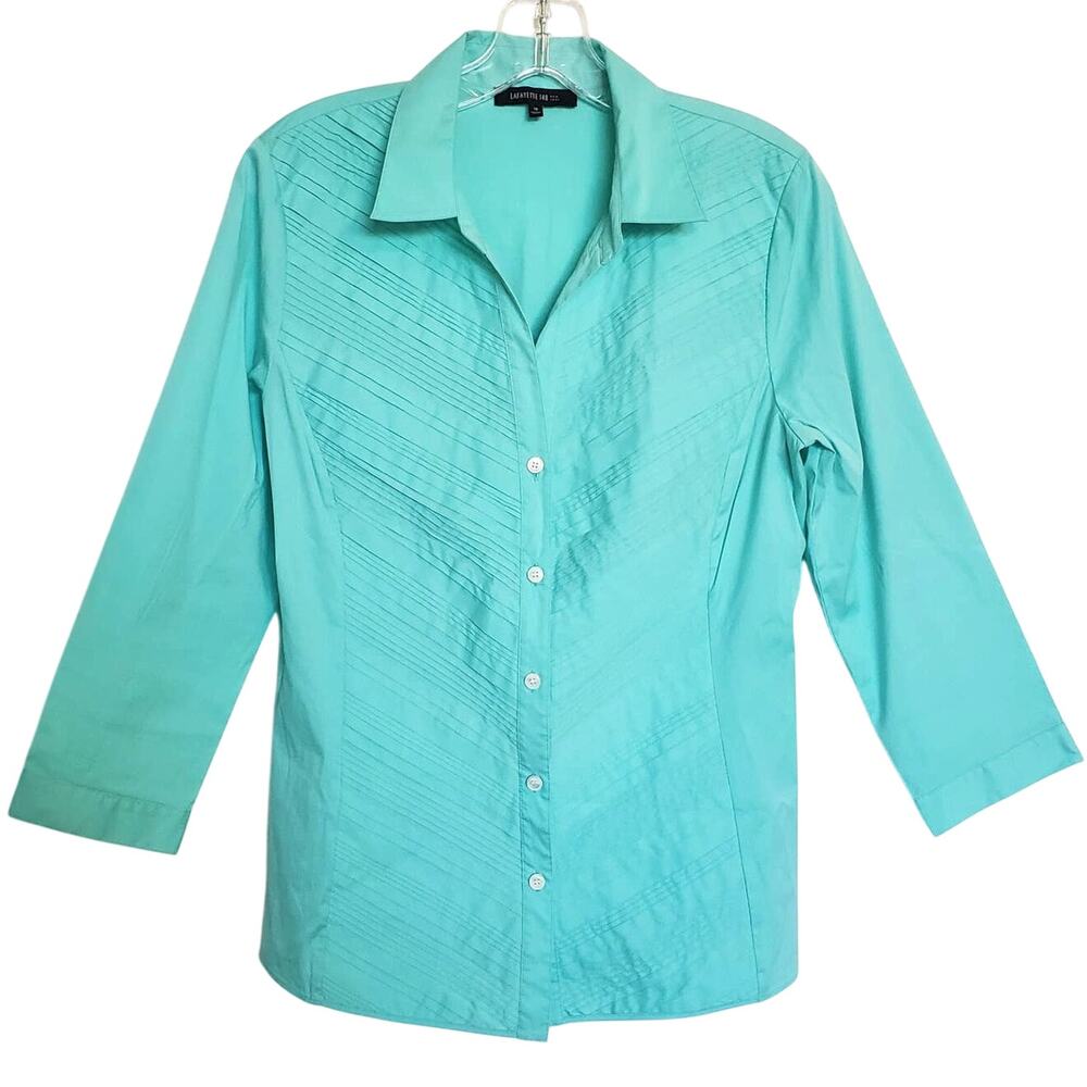 Lafayette 148 Teal Top 10 Collar Pleated Button Shirt 10 Stretch Career Casual - Picture 1 of 5